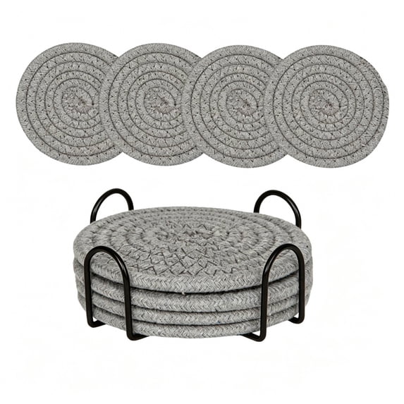 4 Pack Round Cotton Yarn Woven Placemats, Linen Heat Resistant Table Trivets, Insulating Dish Coaster Set, Matching Storage Rack Included For Kitchen Dining Table Decor