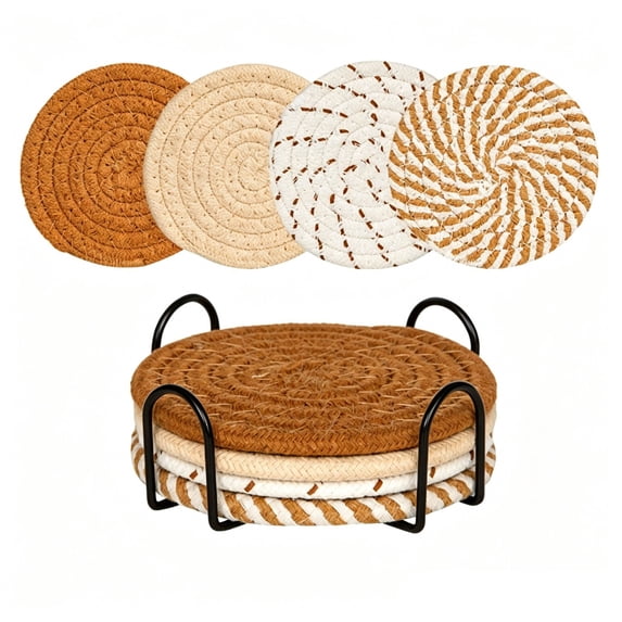 4 Pack Round Cotton Yarn Woven Placemats, Linen Heat Resistant Table Trivets, Insulating Dish Coaster Set, Matching Storage Rack Included For Kitchen Dining Table Decor