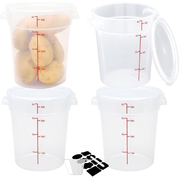 4 Pack Round Food Storage Containers with Lids, 4Qt Translucent Commercial Food Container, Polypropylene, BPA Free, Includes Labels & Measuring Cups