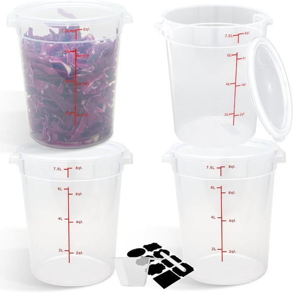 4 Pack Round Food Storage Containers with Lids, 8Qt Translucent Commercial Food Container, Polypropylene, BPA Free, Includes Labels & Measuring Cups