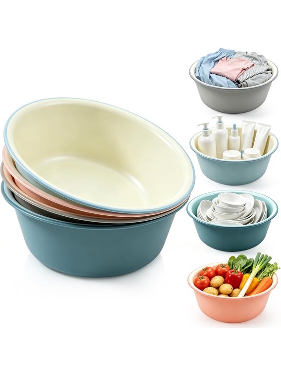 4 Pack Round Plastic Wash Basin, 5 Quart Small Tub Two-Tone Stackable Camping Basin for Washing Face, Fruit, Dishes, Bottles, Home Kitchen Sink, 11.8 x 3.9 Inches, 4 Colors