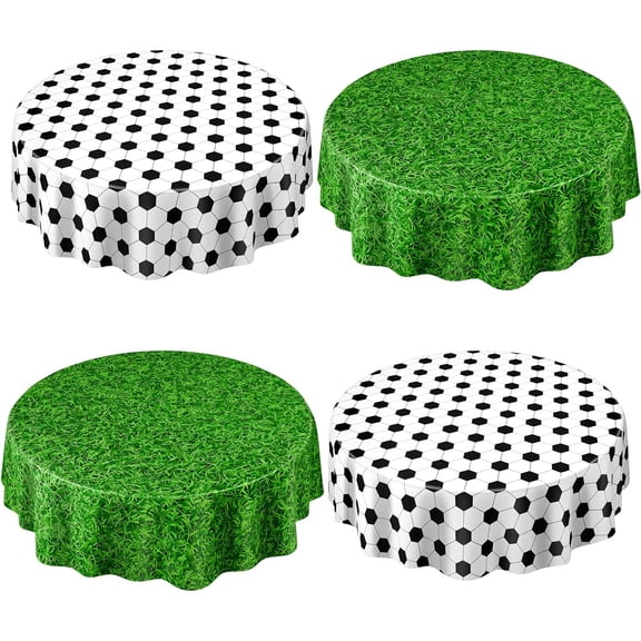 4 Pack Round Soccer Tablecloth 84 Inch Plastic Soccer Grass Party Decorations Disposable Grass Table Cloth Washable Disposable Circle Table Cover for Birthday Party Supplies Decoration