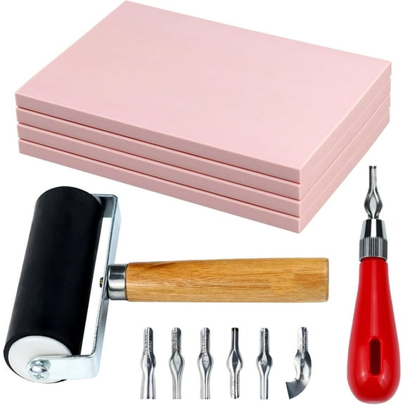 4 Pack Rubber Block Stamp Carving Blocks with Cutter Tools and Rubber Brayer Roller for Printmaking and More Crafts