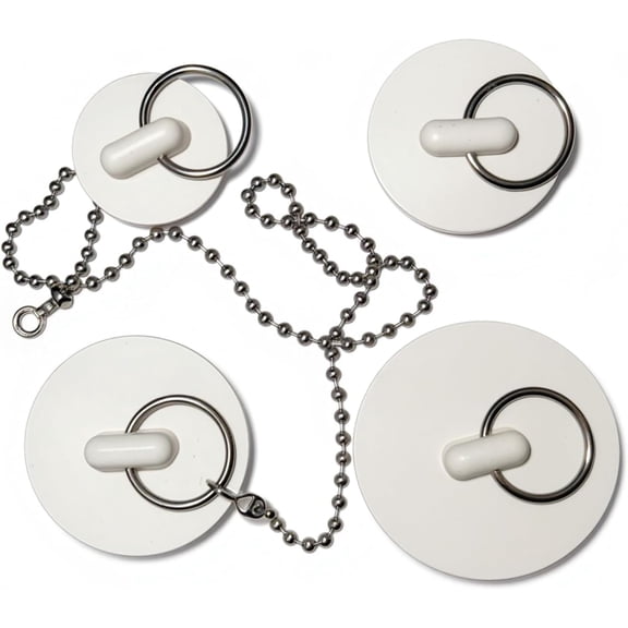 4 Pack Rubber Drain Stoppers with 1 Chain Assorted Sizes Sink and Bathtub Drain Plug Set with Pull Ring Leak-Resistant Water Stopper for Kitchen, Bathroom, Laundry, and Utility Sinks