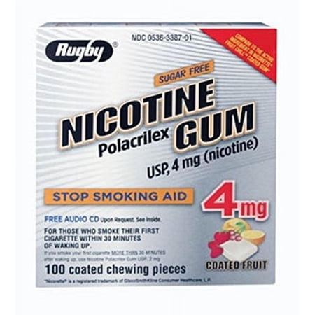 4 Pack Rugby Nicotine Polacrilex Gum 4 mg Sugar Free, Coated Fruit 100 Pieces Ea
