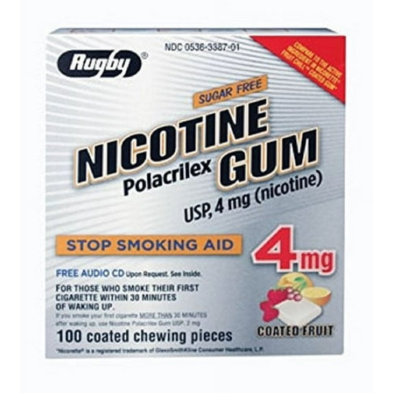 4 Pack Rugby Nicotine Polacrilex Gum 4 mg Sugar Free, Coated Fruit 100 Pieces Ea