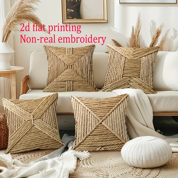 4-Pack Rustic Jute Pillow Covers 18x18in, Diamond Geometric Pattern, Short Plush Textured, Zipper Closure - Cozy Farmhouse Decor for Sofa & Living Room (No Inserts)