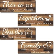 4 Pack Rustic Wooden Wall Decor Signs - 'This is Us', 'Together', 'Bless This', 'Family' - Perfect Housewarming or Wedding Gift for Kitchen, Living Room - , 15x5.1 inch