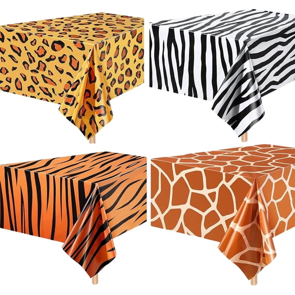 4 Pack Safari Animal Print Tablecloths - Tiger Zebra Leopard Giraffe Jungle Theme Table Covers for Birthday Baby Shower Party Decorations