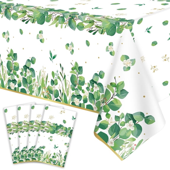 4 Pack Sage Green Eucalyptus Leaf Tablecover Sage Greenery Tablecloth Plastic Green Leaves Rectangular Greenery Table Cloths for Neutral Baby Shower Birthday Jungle Wedding Party Supplies 86 x 51 IN