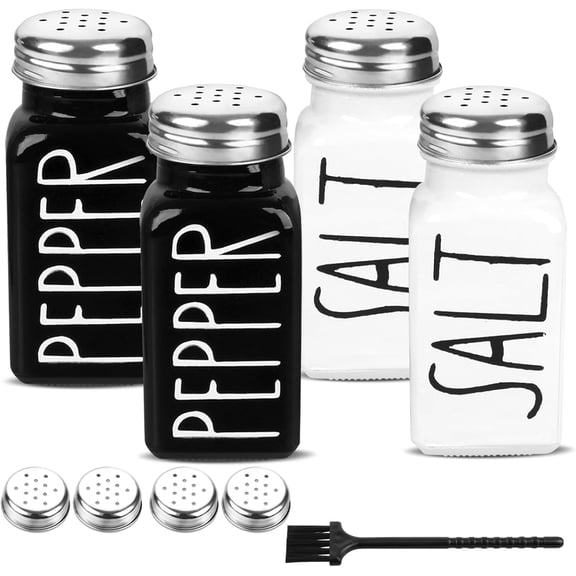 Dompilc 4 pack Salt and Pepper Shakers Set, Glass Bodies with Stainless - Steel Lids, Modern Farmhouse Style