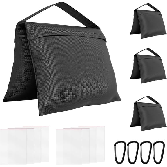 4 Pack Sandbags with 8 Bags & Hooks, Heavy Duty Weight for Stabilizing Stands, Photo Studio Equipment, Tripod, Backdrop Support, Canopy, Tent Base (Empty Sand Bags)