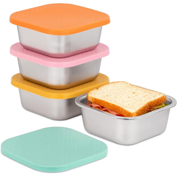 4 Pack Sandwich Containers: 30oz Stainless Steel Lunch Box with Silicone Lids, Meal Prep Container Reusable Metal Sandwiches Food Storage for Kitchen & Office Salad Snacks Fruits