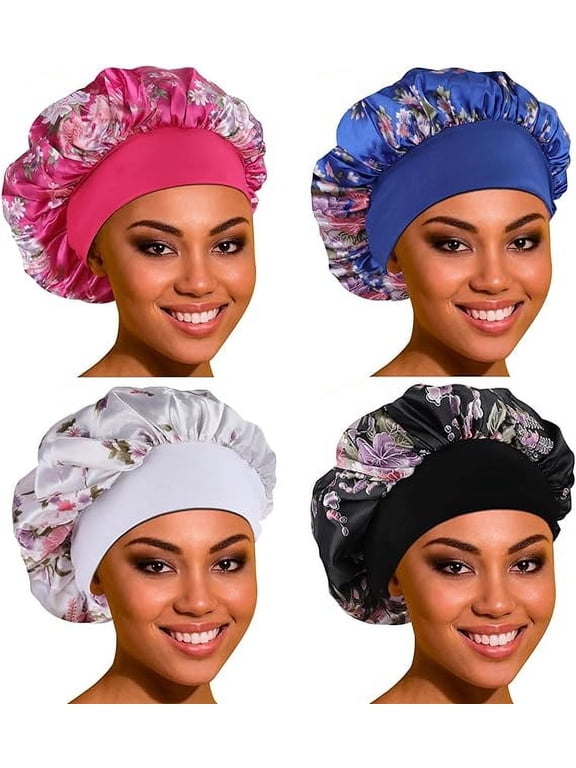 4 Pack Satin Bonnet Hair Bonnet for Sleeping-Large Silk Bonnets for Black Women with Elastic Soft Band for Hair Care
