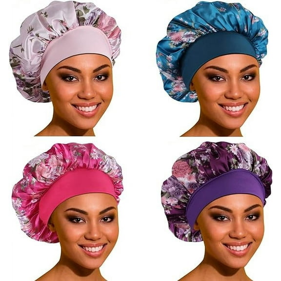 4 Pack Satin Bonnet Hair Bonnet for Sleeping-Large Silk Bonnets for Black Women with Elastic Soft Band for Hair Care