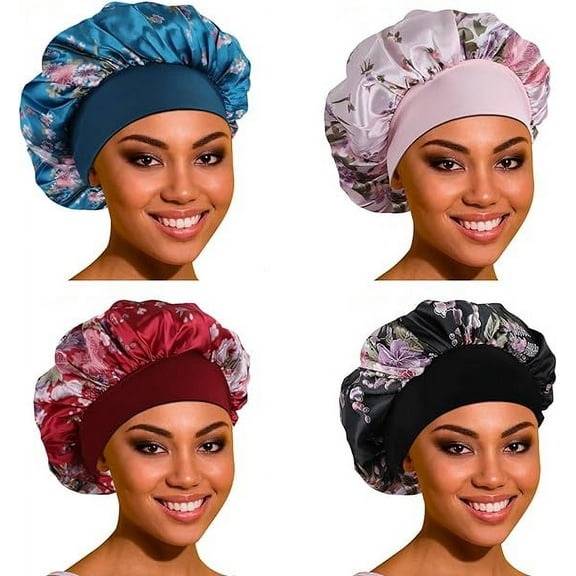 4 Pack Satin Bonnet Hair Bonnet for Sleeping-Large Silk Bonnets for Black Women with Elastic Soft Band for Hair Care