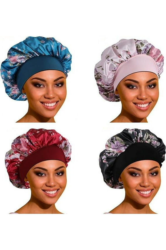 4 Pack Satin Bonnet Hair Bonnet for Sleeping-Large Silk Bonnets for Black Women with Elastic Soft Band for Hair Care