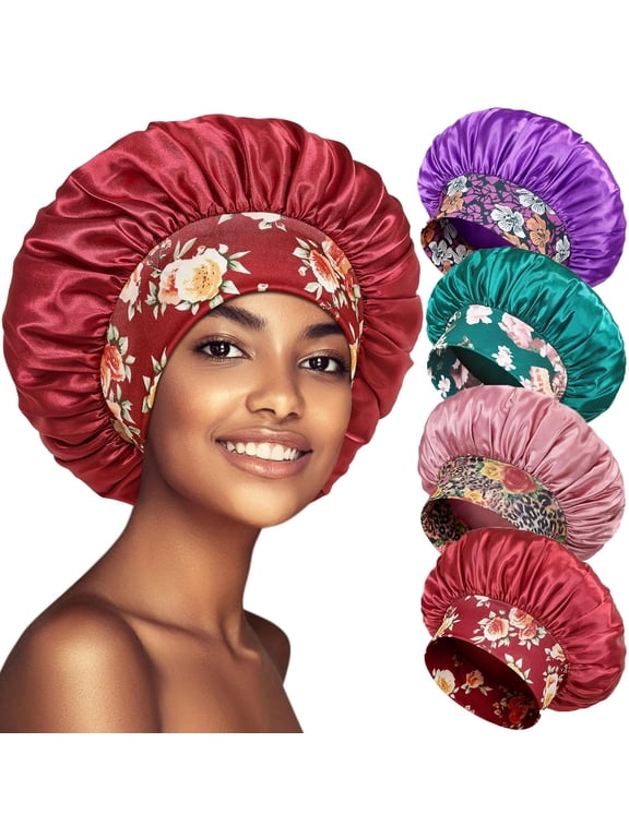 4 Pack Satin Bonnet Silk Bonnet for Sleeping Women, Hair Sleep Bonnets for Women, Wide Soft Band Sleep Cap for Curly Hair Braids