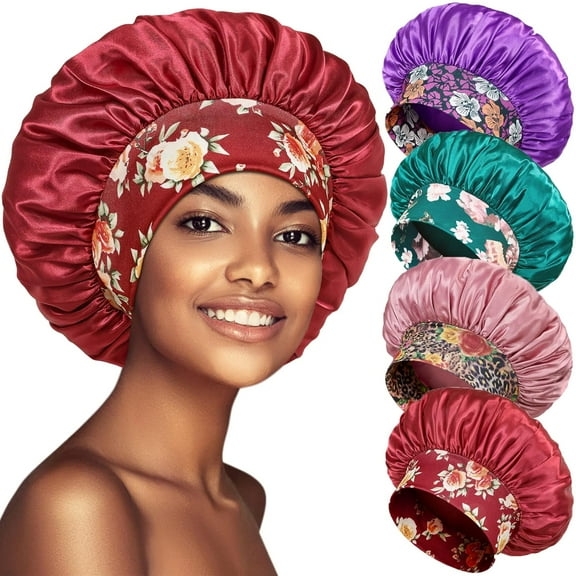 4 Pack Satin Bonnet Silk Bonnet for Sleeping Women, Hair Sleep Bonnets for Women, Wide Soft Band Sleep Cap for Curly Hair Braids