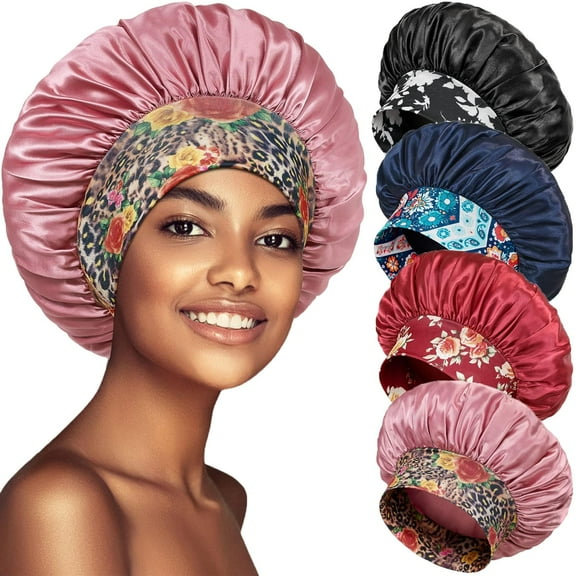 4 Pack Satin Bonnet Silk Bonnet for Sleeping Women, Hair Sleep Bonnets for Women, Wide Soft Band Sleep Cap for Curly Hair Braids