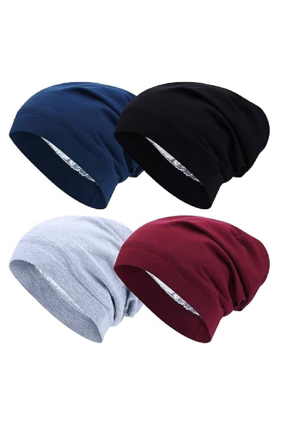 4 Pack Satin Bonnet Silk Hair Bonnet, Sleep Cap, Night Cap Slouchy Breathable Headwear Satin Lined Beanie Chemo Cap Silk Lined Hat for Men/Women