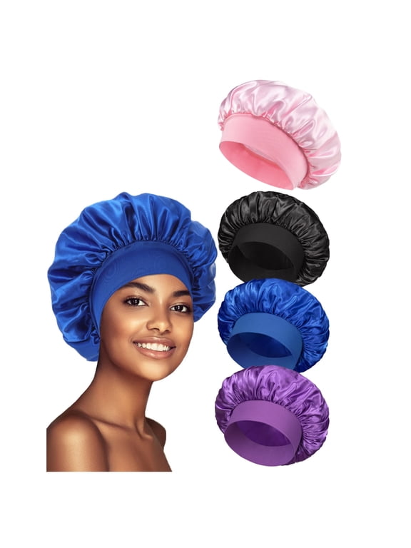 4 Pack Satin, Soft Band Terylene Sleeping Bonnet, Black ,Blue, Purple Pink,-Large