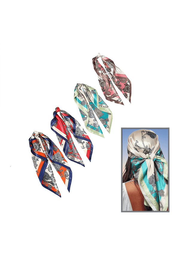 4 Pack Satin Head Scarves for Women - 35"x35" Silk Like Square Scarves, Versatile Bandanas & Fashion Accessories, Wrinkle-Resistant Hair & Neck Scarf Set