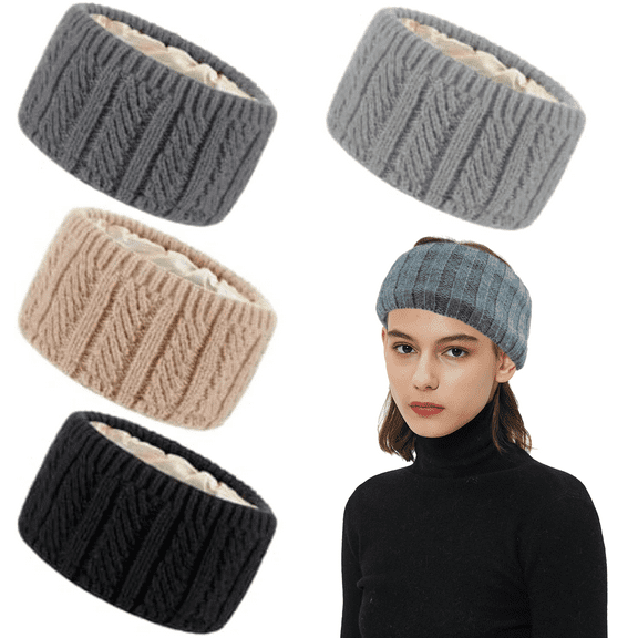 4 Pack Satin Lined Winter Headbands for Women, Silk Lined Messy Bun Ponytail Beanie Cap, Winter Warm Knit Thick Hat Ear Warmers