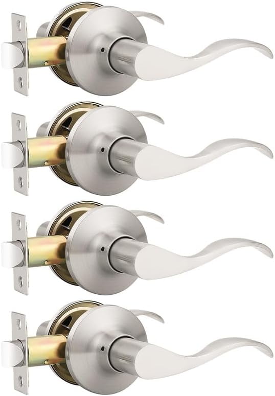 4 Pack Satin Nickel Modern Interior Passage Door Knobs, Keyless Door Handle for Hallway & Closet, Wave Style Non-Locking Door Lever Reversible for Left & Right Handed