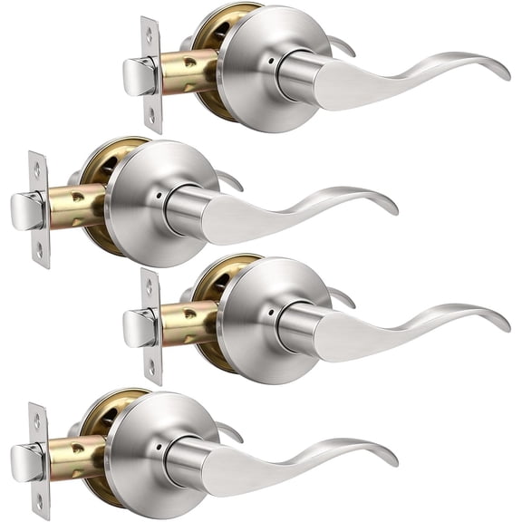 4 Pack Satin Nickel Modern Interior Passage Door Knobs, Keyless Door Handle for Hallway & Closet, Wave Style Non-Locking Door Lever Reversible for Left & Right Handed