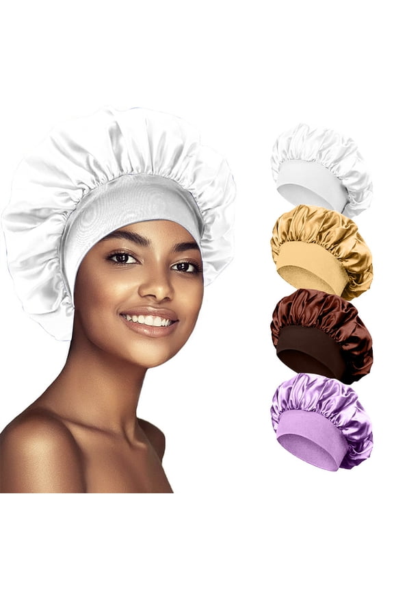 4 Pack Satin Silk Bonnet for Sleeping Women, Adjustable Hair Bonnet for Curly Hair, Sleep Bonnet for Braids, Large Satin Bonnet with Soft Band, Silk Bonnet for Sleeping Men & Women