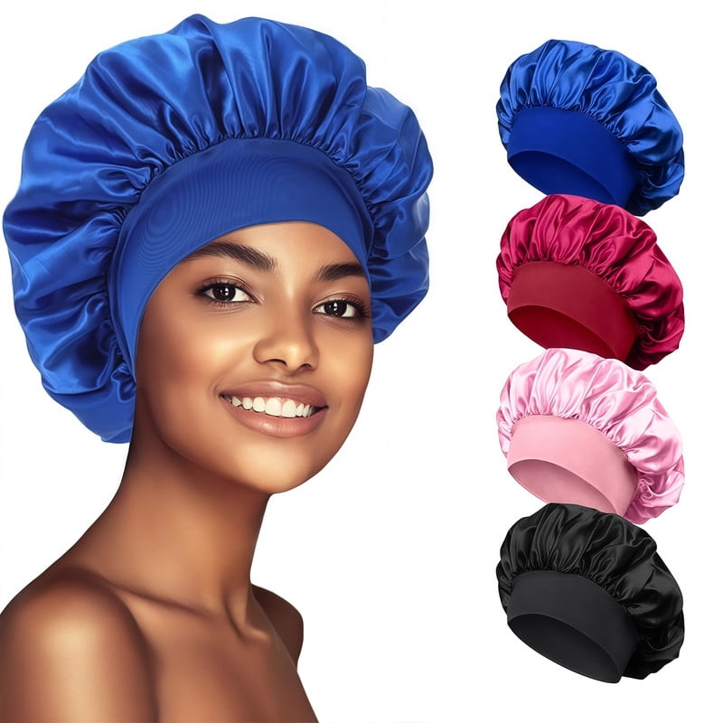 4 Pack Satin Silk Sleep Bonnet with Soft Band, Adjustable Cap for Men Women Curly Hair