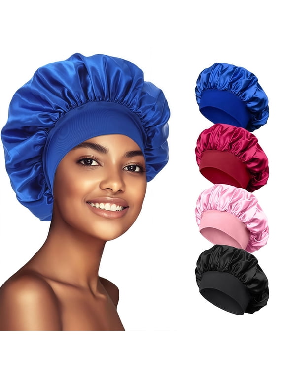 4 Pack Satin Silk Sleep Bonnet with Soft Band, Adjustable Cap for Men Women Curly Hair