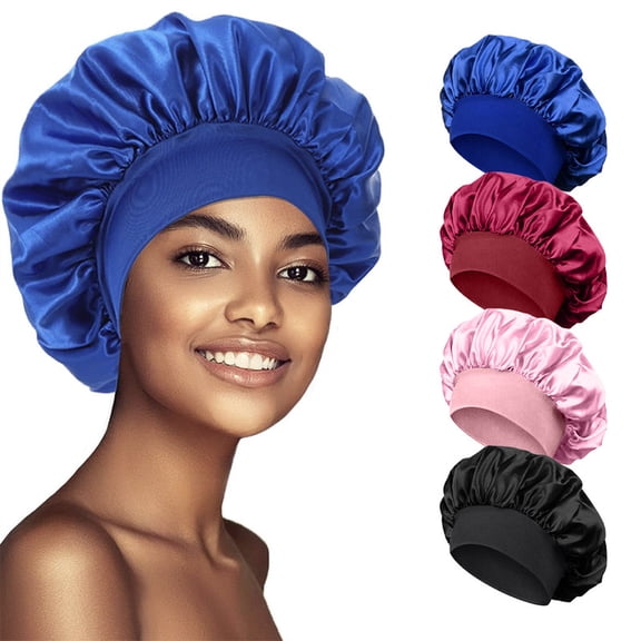 4 Pack Satin Silk Bonnet for Sleeping Women, Adjustable Hair Bonnet for Curly Hair, Sleep Bonnet for Braids, Large Satin Bonnet with Soft Band, Silk Bonnet for Sleeping Men & Women