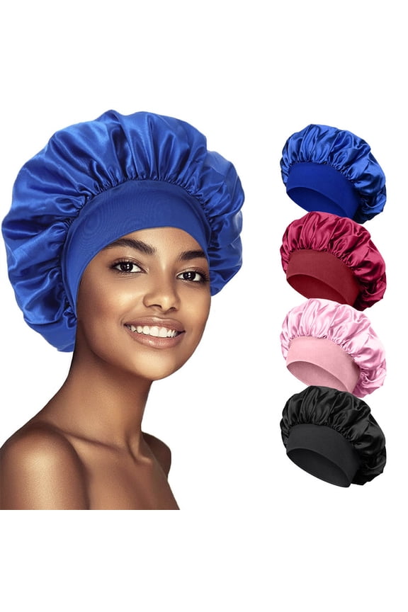 4 Pack Satin Silk Bonnet for Sleeping Women, Adjustable Hair Bonnet for Curly Hair, Sleep Bonnet for Braids, Large Satin Bonnet with Soft Band, Silk Bonnet for Sleeping Men & Women
