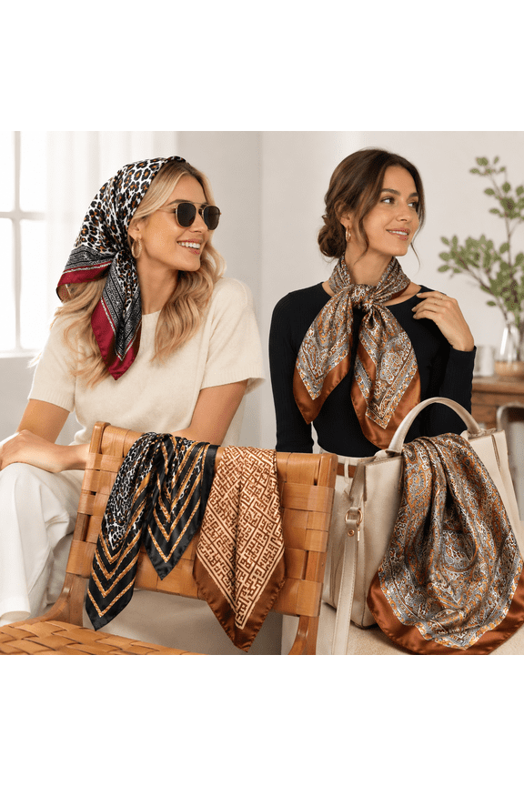 4 Pack Satin Square Head Scarves for Women, Silky Hair Scarves, Leopard Paisley Geometric Neck Scarf Set, Fashion Bandana Bag Handle Wrap Accessories