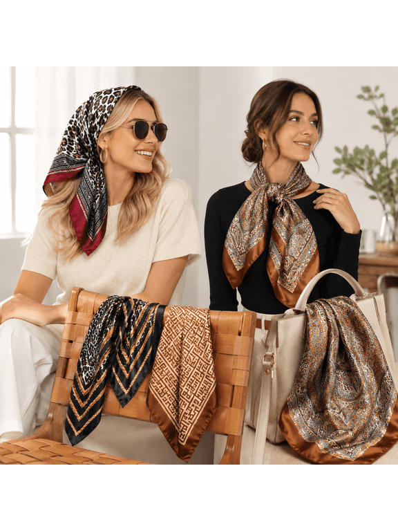 4 Pack Satin Square Head Scarves for Women, Silky Hair Scarves, Leopard Paisley Geometric Neck Scarve Set, Fashion Bandana Bag Handle Wrap Accessories