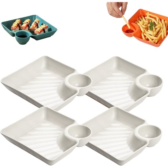 4-Pack Sauce Separated Plates, Japanese Dumpling Plates with Built-In Dipping Saucer, Compartmentalized Square Design for Sushi, Chips, Fried Chicken Nuggets and Appetizers (White)