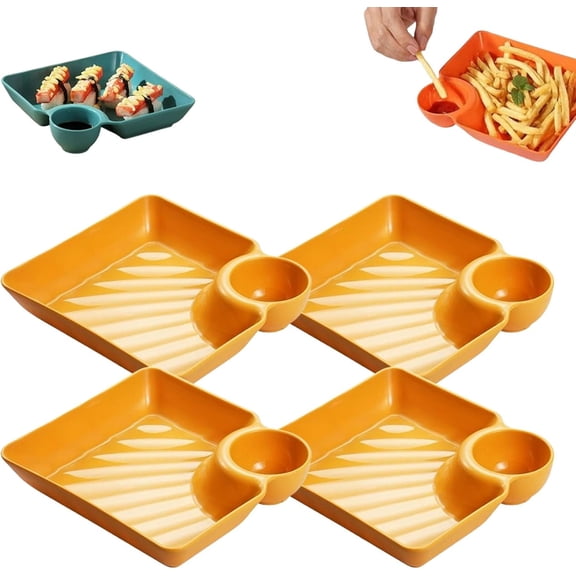 4-Pack Sauce Separated Plates - Japanese Style Dumpling Plates with Built-In Dipping Saucer, Square Compartment Plates for Sushi, Chips, Fried Chicken & Appetizers, Easy-Clean Plastic (Yellow) P