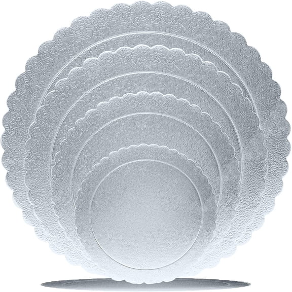 4 Pack Scalloped Cake Boards Set, 6, 8, 10, 12 Inch Round Cake Base Circles, Silver Cardboard Cake Display Plates for Baking and Decorating