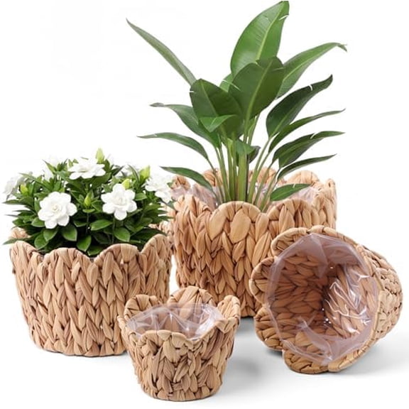 4 Pack Scalloped Wicker Plant Basket Water Hyacinth Plant Baskets Hand Woven Flower Pots Cover Storage Containers with Plastic Liners for Indoor Outdoor Decoration, 10.2, 8.7, 7.5, 6 Inch