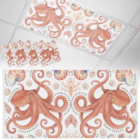 4 Pack Sea Octopus Fluorescent Light Covers for Ceiling Lights Nautical Ocean Marine Orange Nautilus Shell Coral Magnetic Ceiling Light Covers Overhead Light Filters for Office Classroom Home