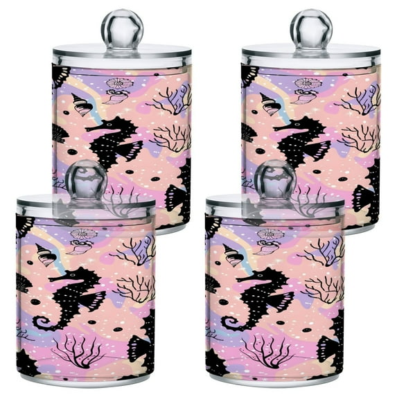 4 Pack Seahorse Coral Seashells Qtip Holder Dispenser Clear Plastic Storage Apothecary Jars for Cotton Swabs Balls Pads Floss
