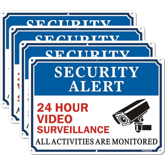 4 Pack Security Alert 24 Hour Video Surveillance Sign,12 x 8 inch