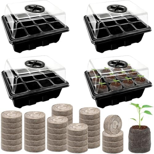 4 Pack Seed Starter Tray with 50 PCS Peat Pellets, 48 Cells Black Seeding Starter Trays for Organic Seed Starter Soil Pods for Planting Vegetables Plants Flowers - Starting Seeds Kit