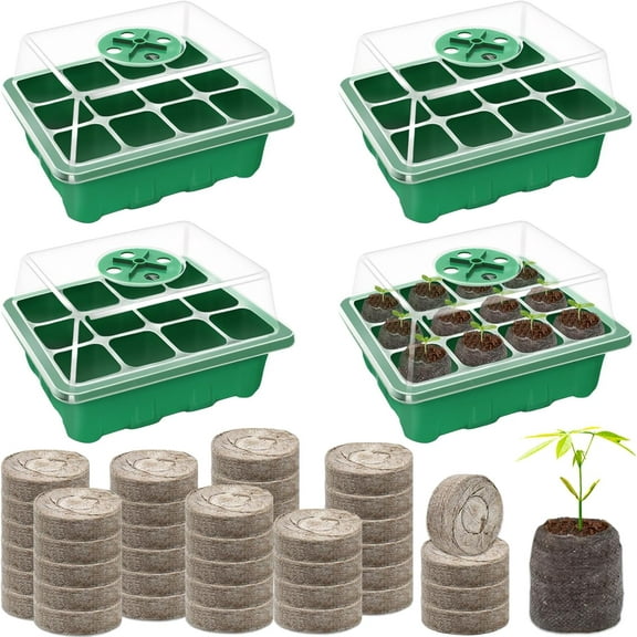 4 Pack Seed Starter Tray with 50 PCS Peat Pellets, 48 Cells Green Seeding Starter Trays for Organic Seed Stater Soil Pods for Planting Vegetables Plants Flowers - Starting Seeds Kit