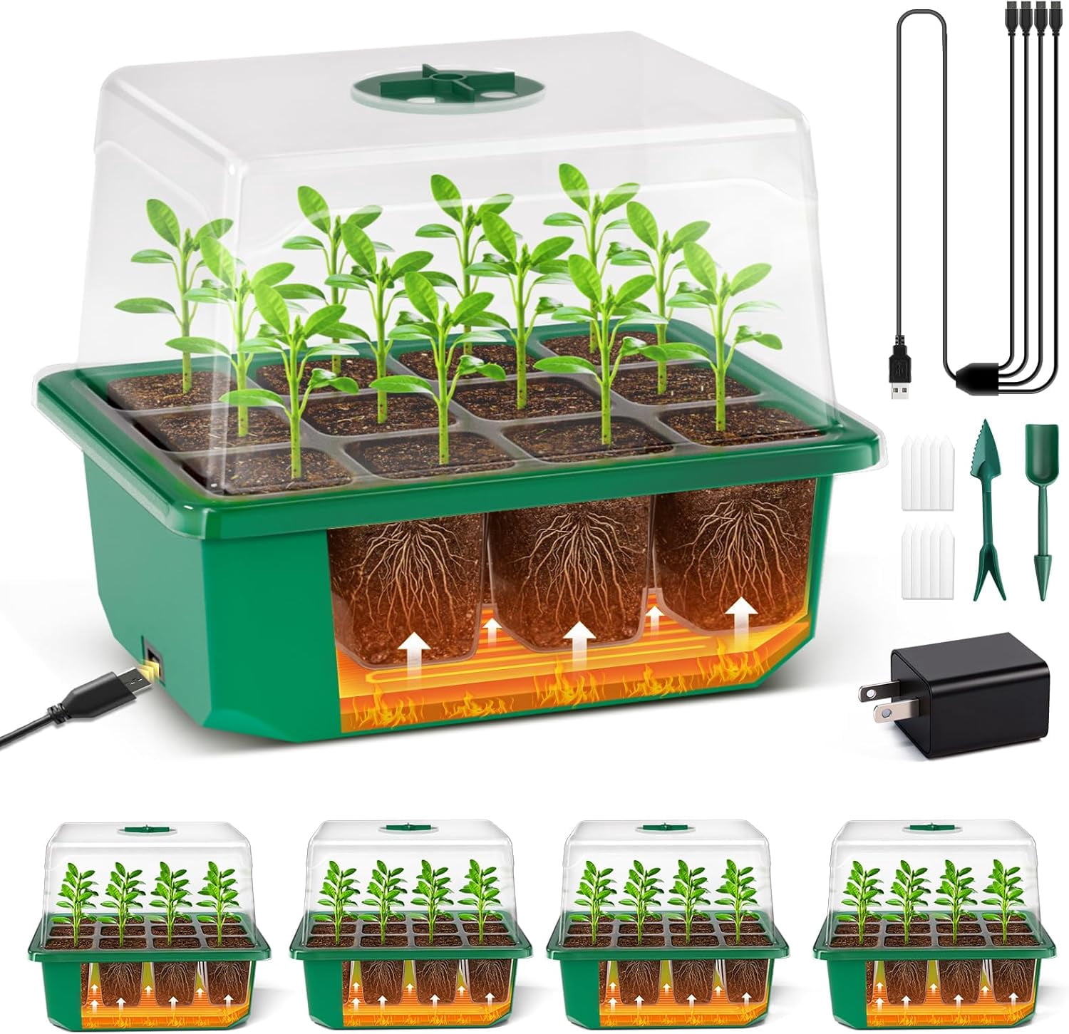 4 Pack Seed Starter Tray with Self-Heating, Seed Starter Kit with High Humidity Control Domes, Seedling Starter Trays for Indoor Gardening Plant, Green