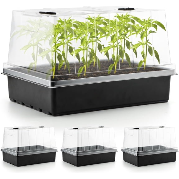 4-Pack Seed Starter Trays with 5'' Tall Humidity Domes Reusable Plant Germination Kit for Microgreens, Herbs & Indoor Gardening | Clear Vented Lids, Fast Seedling Growth & Durable Design
