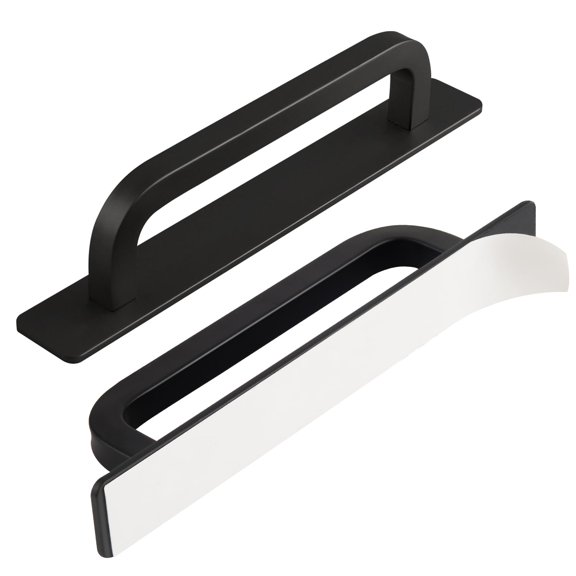 4 Pack Self-Adhesive Matte Flat Cabinet Handles with Base Plate Aluminum Cabinet Pulls Black Drawer Handles Drill&Punch Free