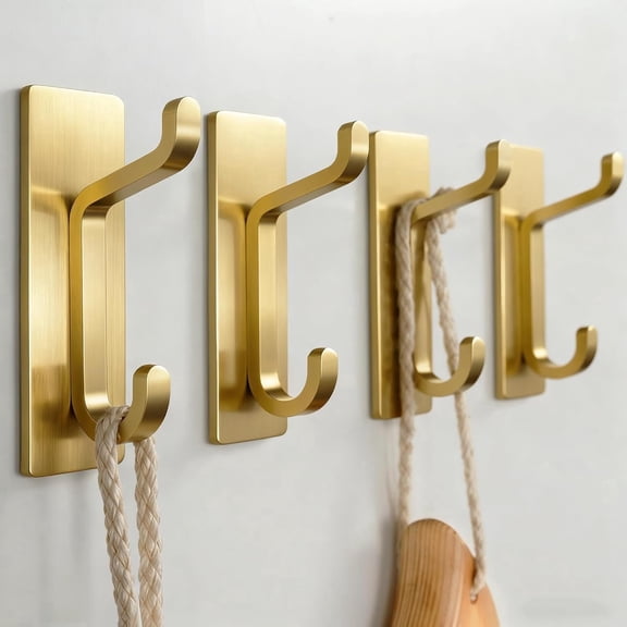 4 Pack Self Adhesive Wall Hooks for Hanging: Extra Strong 13 LB, Hook for Coat, Towel in Bathrooms, Shower, Kitchen, Wall, Door Hook, Brushed Gold